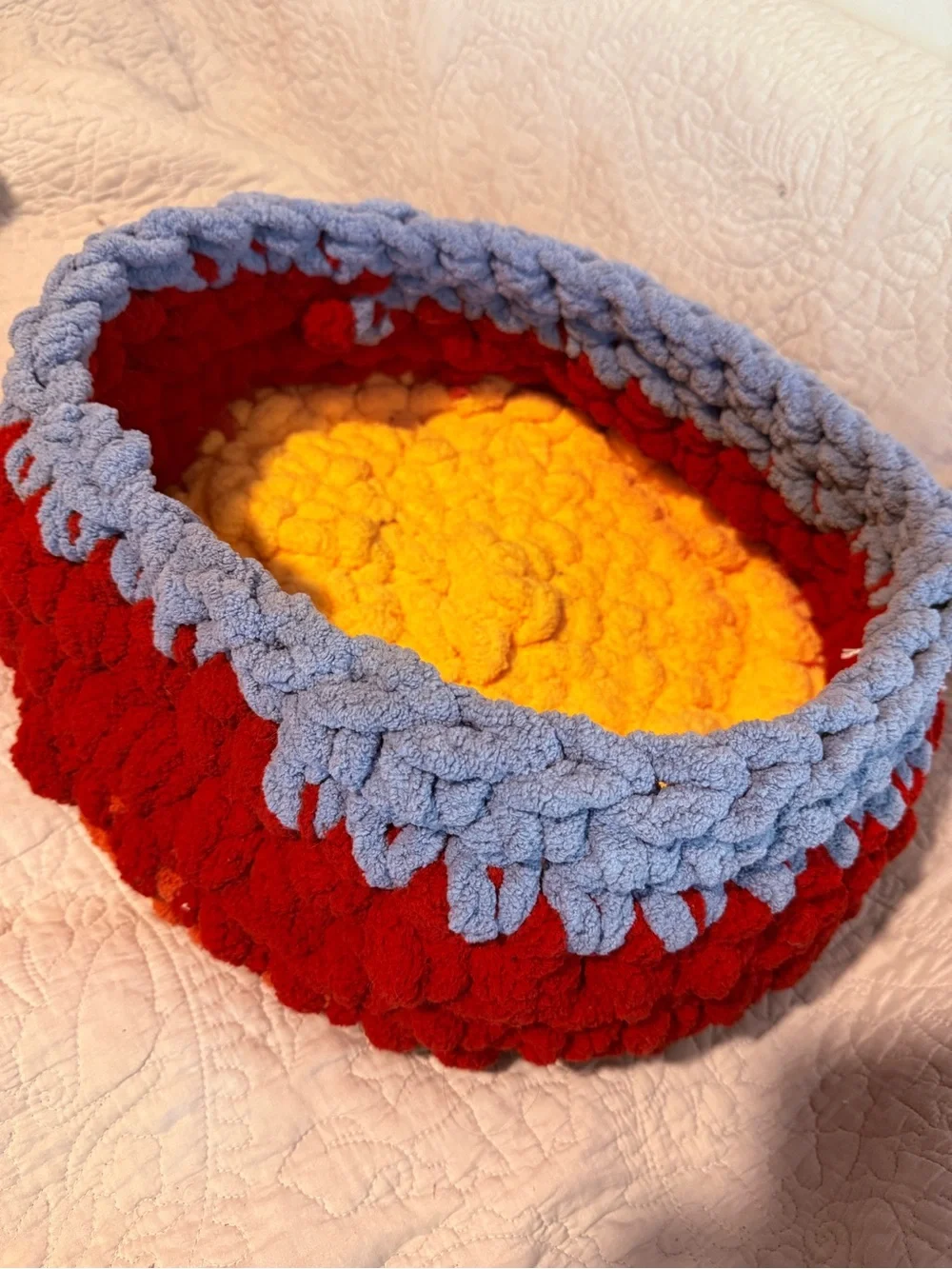 Handmade Plush Basket with Handle - Flame themed with Red, Orange, Yellow & Blue